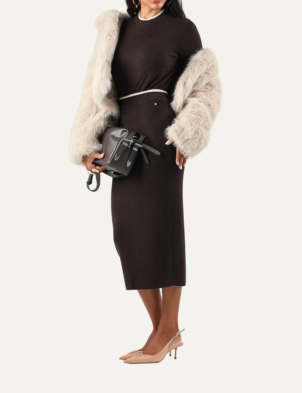 Women's Armani Exchange dark brown midi skirt with high waist, straight silhouette, back slit and subtle metal detail full body