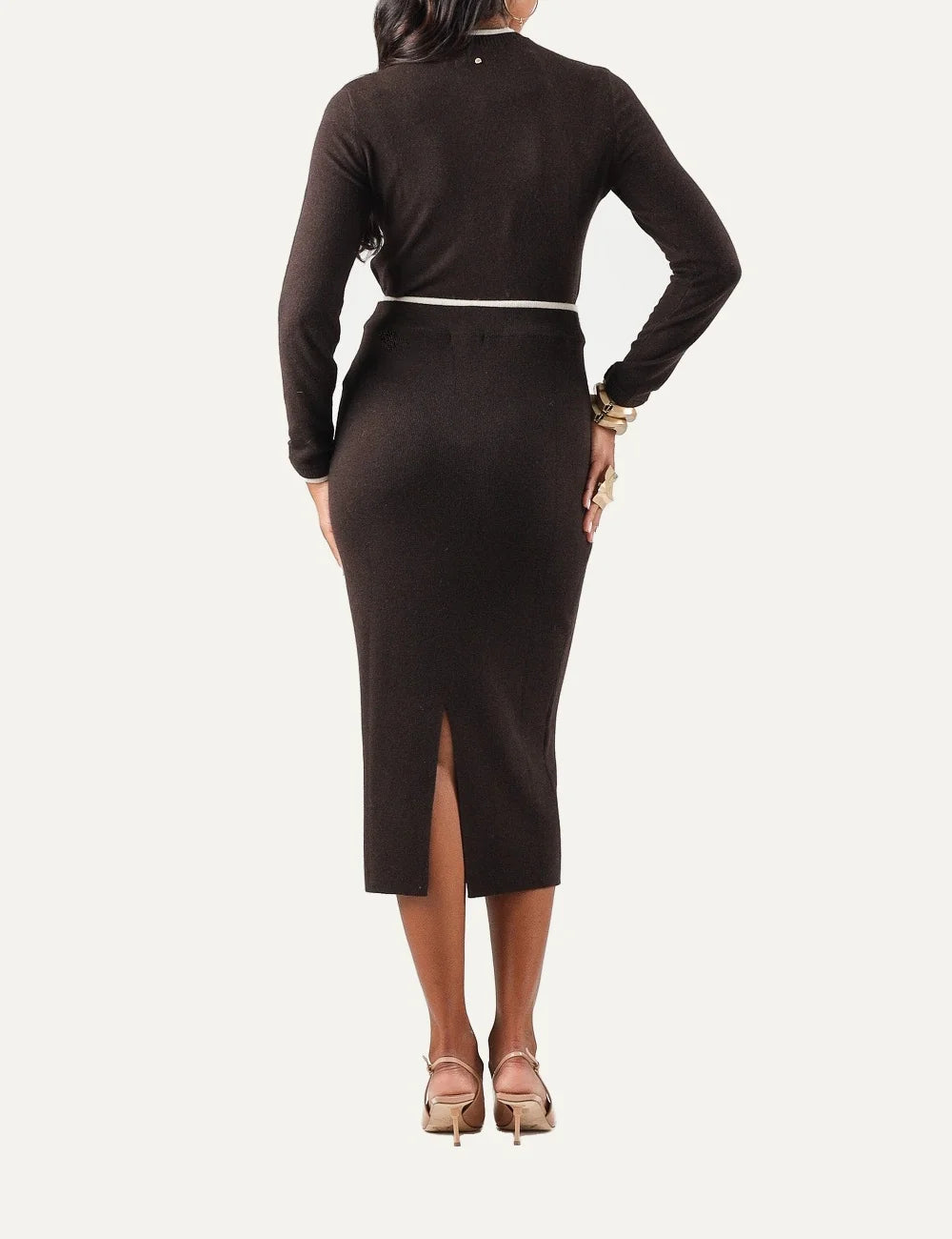 Women's Armani Exchange dark brown midi skirt with high waist, straight silhouette, back slit and subtle metal detail back