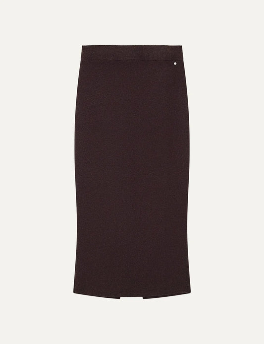 Women's Armani Exchange dark brown midi skirt with high waist, straight silhouette, back slit and subtle metal detail