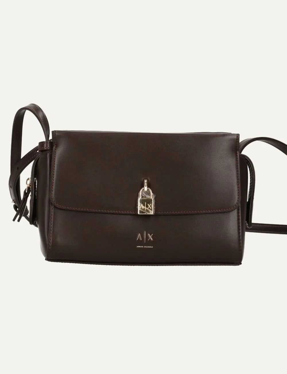 Women's Armani Exchange dark brown shoulder bag with foldover flap, gold-tone A|X padlock detail, front logo and adjustable shoulder strap