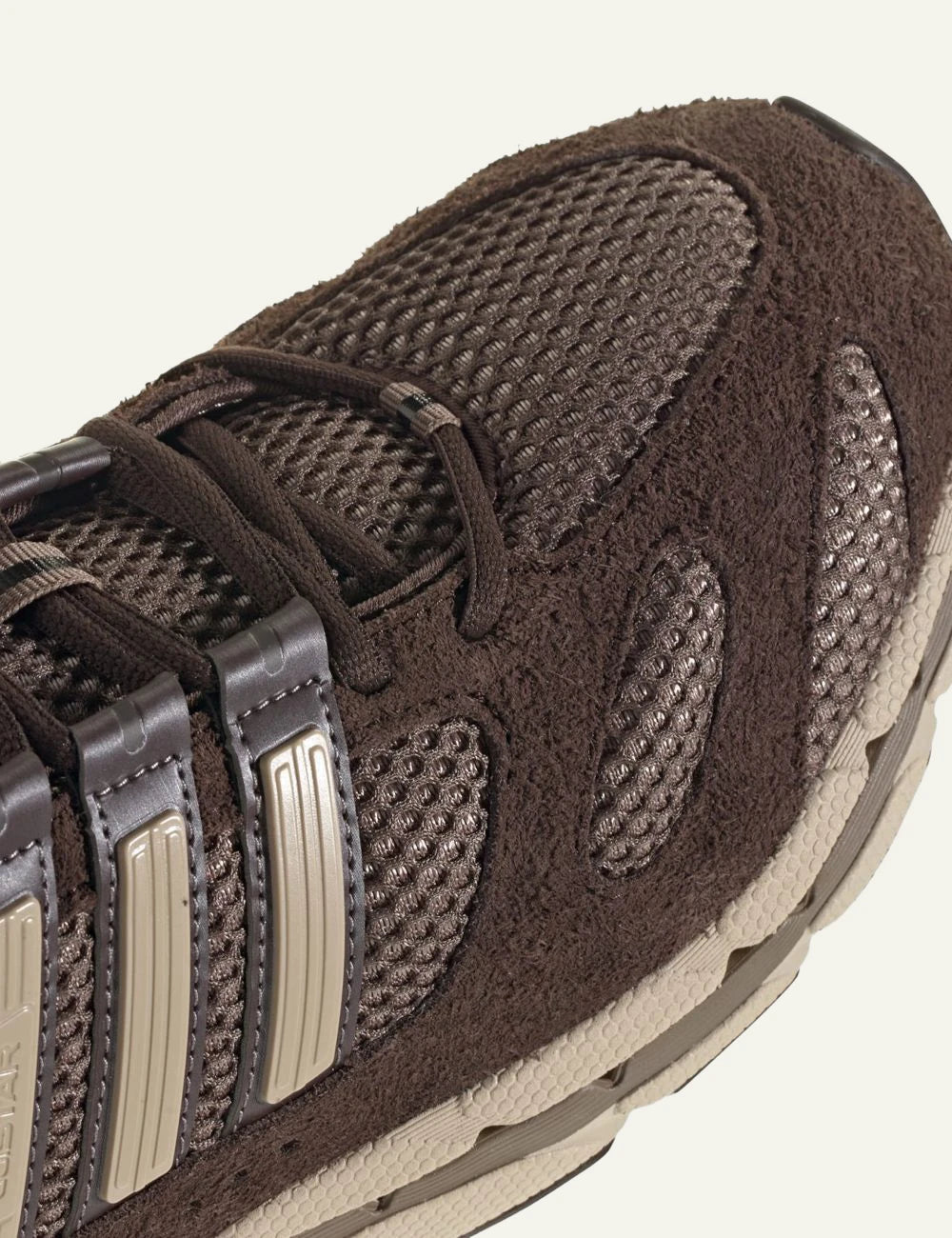 Women's adidas Originals Adistar MLD brown mesh sneakers with suede overlays, TPU 3-Stripes and ADIWEAR sole angled