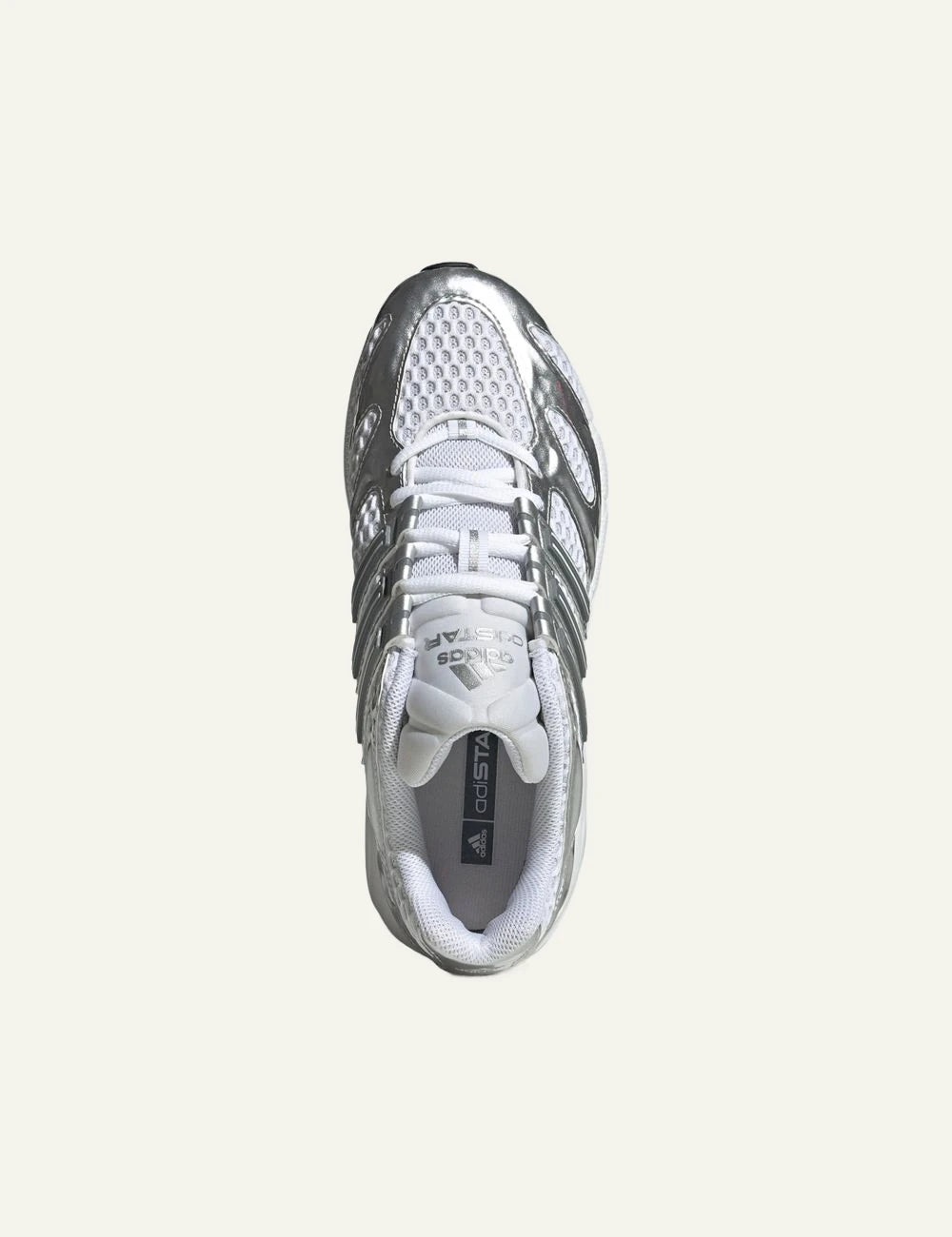 Women's adidas Originals Adistar MLD white and silver mesh sneakers with metallic overlays top