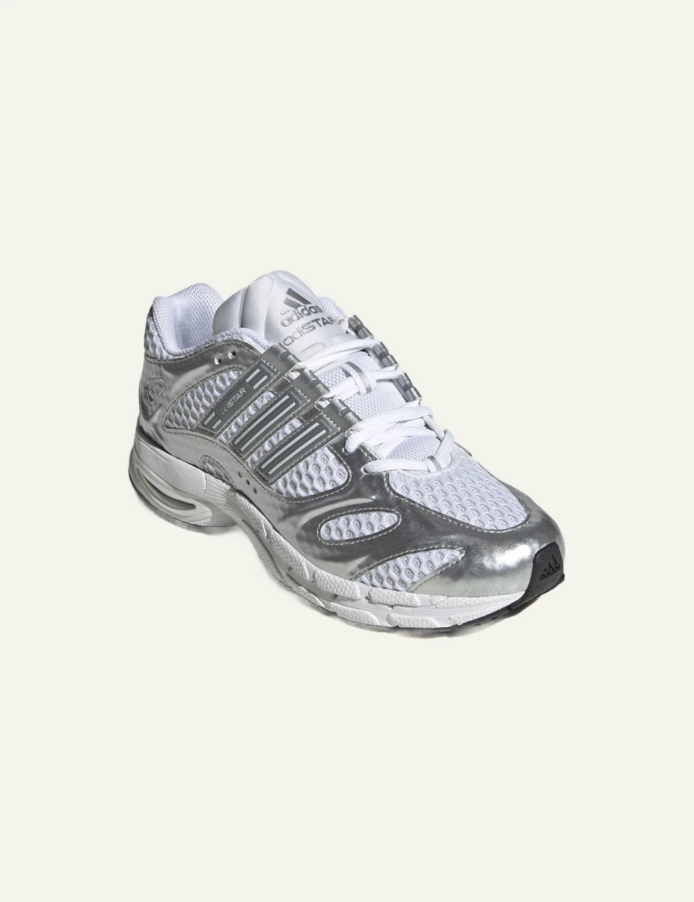 Women's adidas Originals Adistar MLD white and silver mesh sneakers with metallic overlays angled