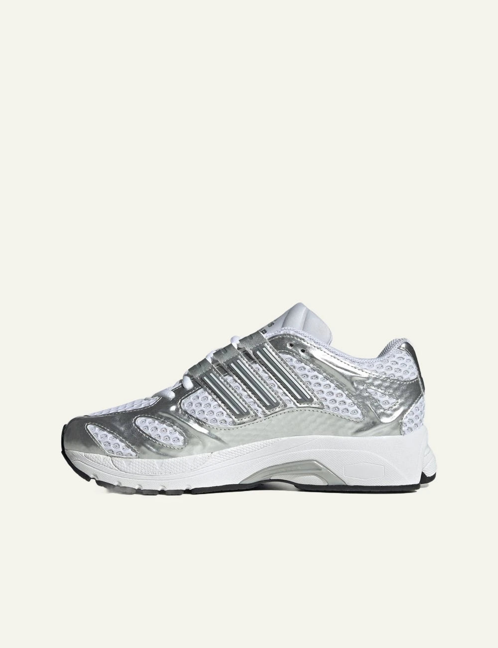 Women's adidas Originals Adistar MLD white and silver mesh sneakers with metallic overlays profile