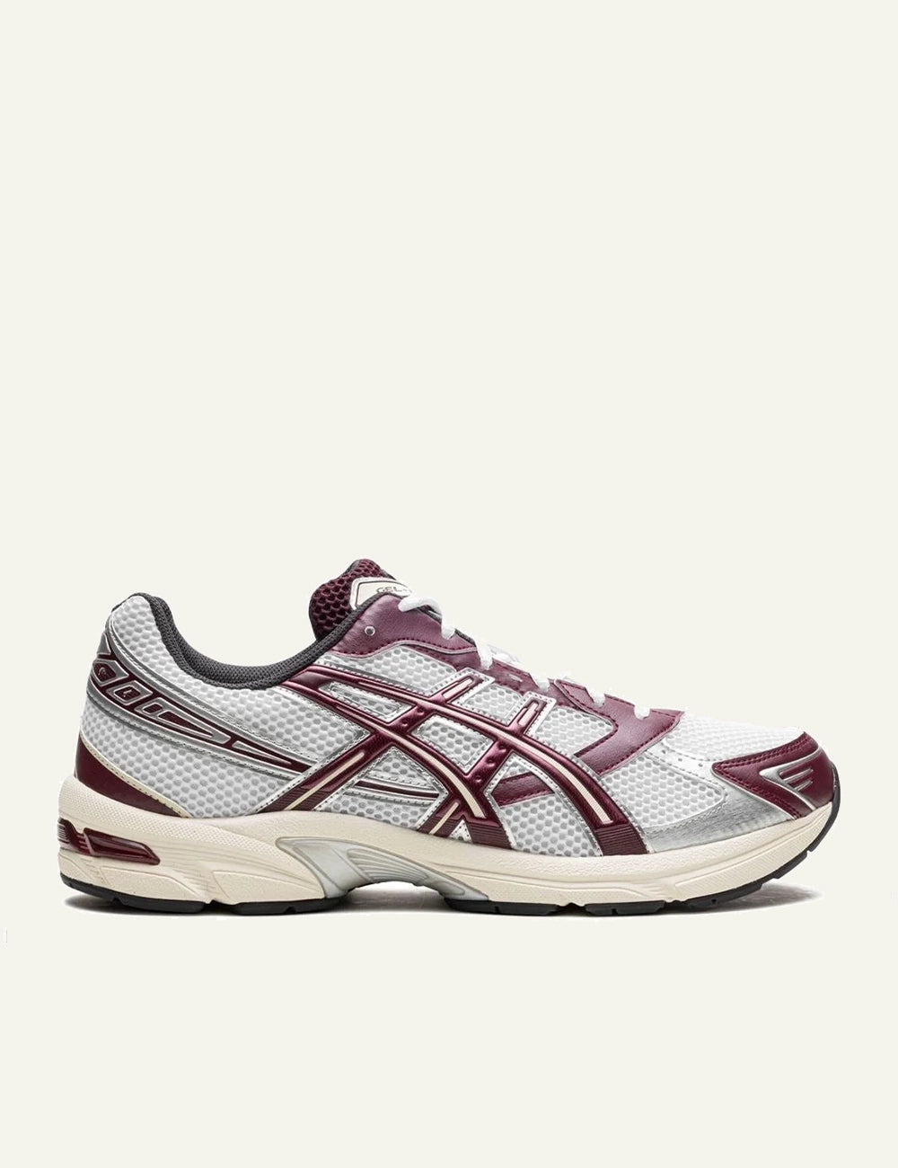ASICS GEL-1130 sneaker side view white burgundy mesh upper