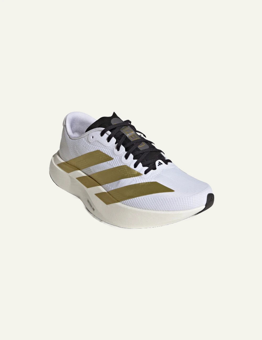 Adidas Adizero EVO SL sneaker white me gold stripes angled view