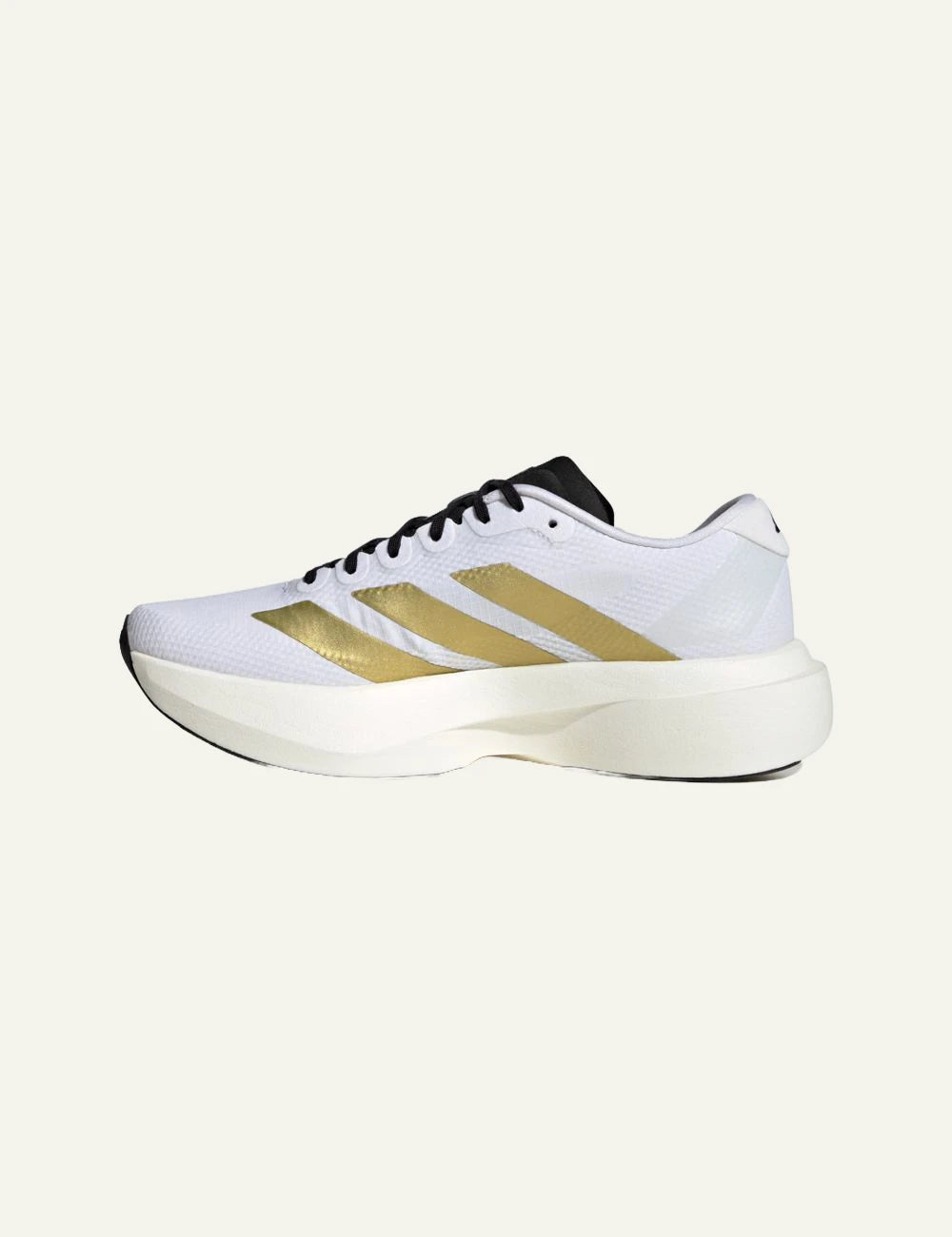 Adidas Adizero EVO SL sneaker white me gold stripes profile view