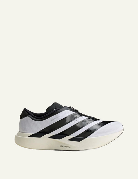 Women's adidas Adizero EVO SL Zip running shoes in white and black with LIGHTSTRIKE PRO midsole and zip closure