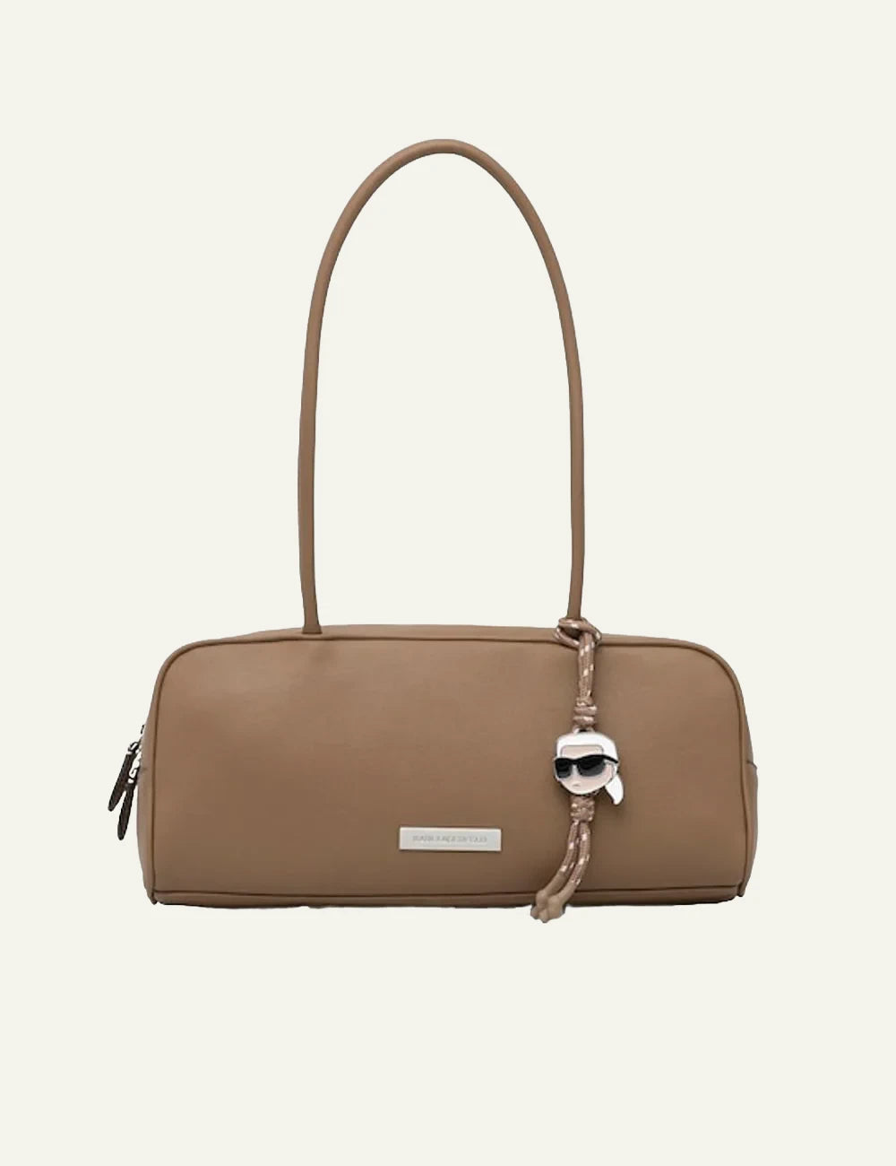 lder bag brown με μακρύ λουράκι και minimal designKarl Lagerfeld baguette bag καφέ με zipper closure και signature charm front