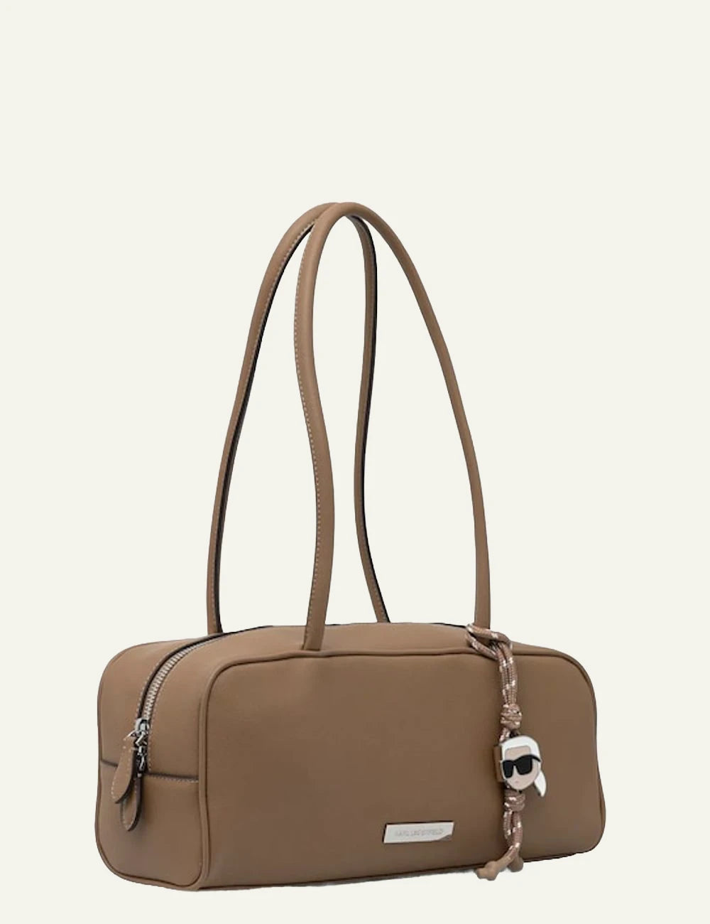 lder bag brown με μακρύ λουράκι και minimal designKarl Lagerfeld baguette bag καφέ με zipper closure και signature charm side
