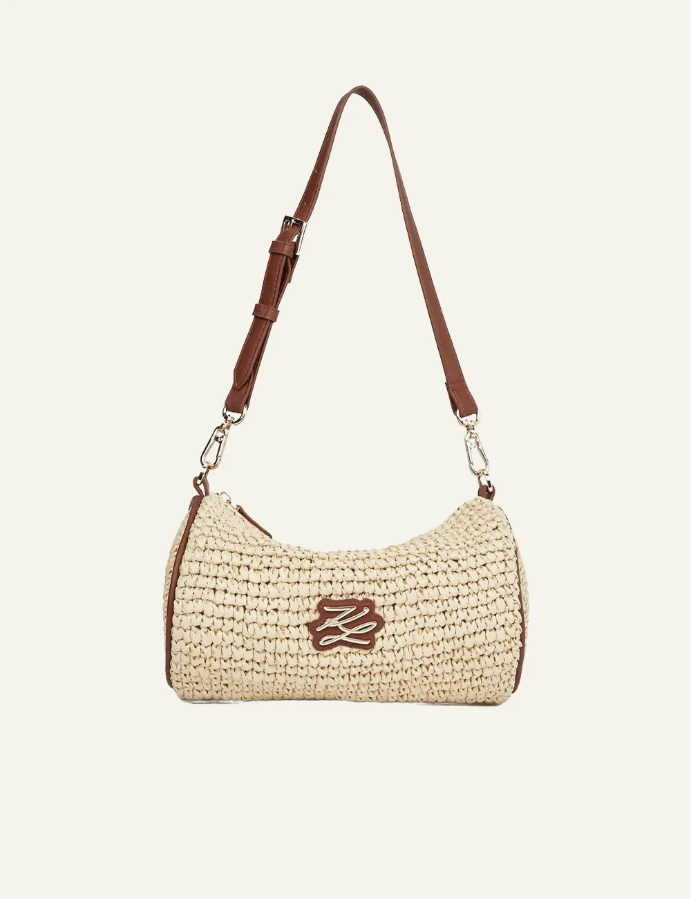 Karl Lagerfeld straw bag front view με leather strap detail