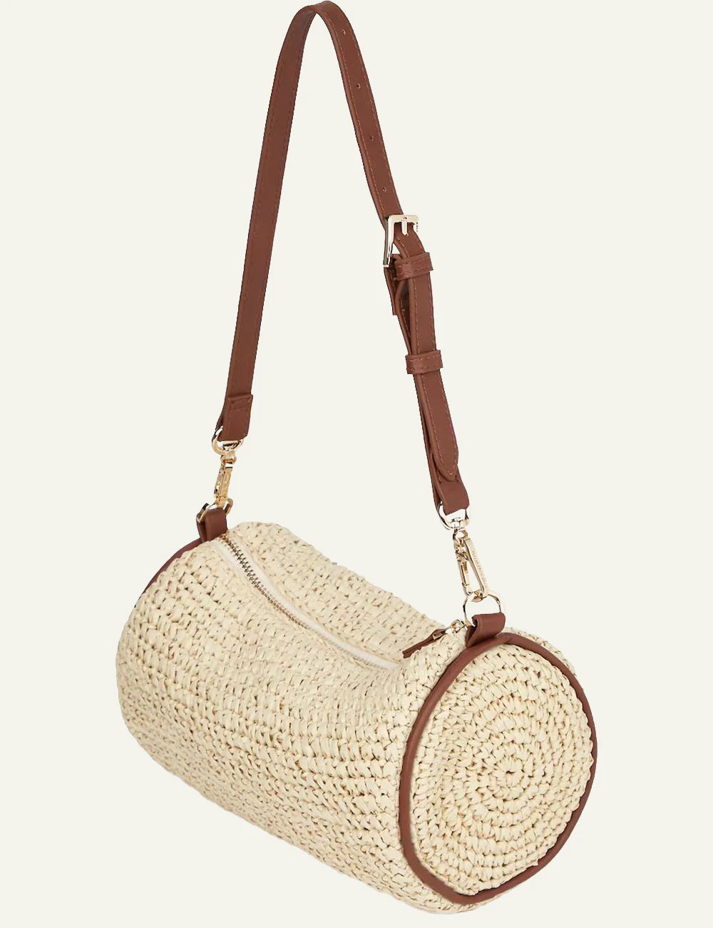 Karl Lagerfeld woven raffia bag side view cylindrical shape