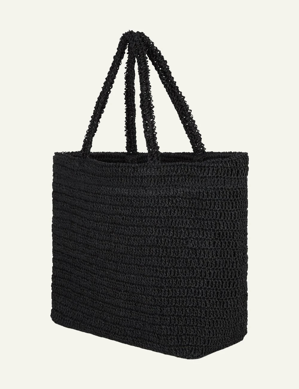 Karl Lagerfeld crochet tote bag black side view, woven raffia texture