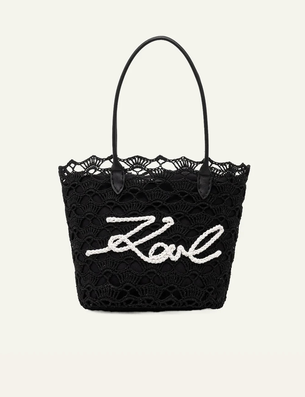 Γυναικεία τσάντα Karl Lagerfeld μαύρη crochet tote με λευκό Karl logo μπροστά