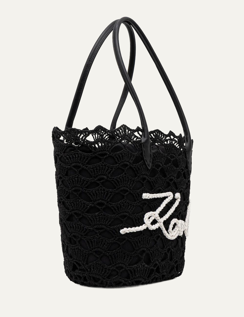 Karl Lagerfeld black crochet tote bag πλαϊνή όψη με μακριά χερούλια ώμου