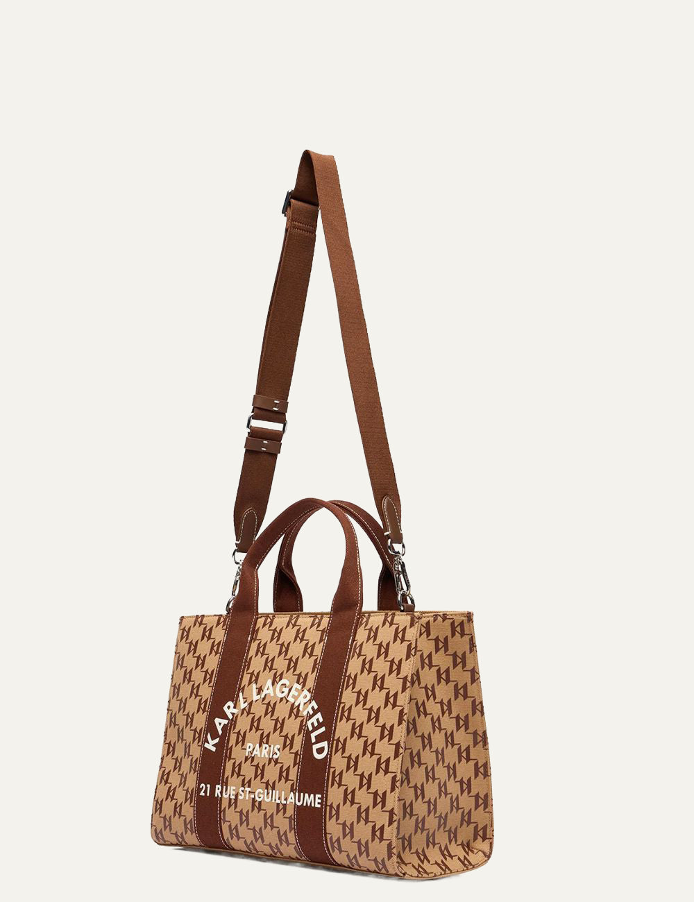 Λεπτομέρεια Karl Lagerfeld monogram canvas και καφέ υφασμάτινα χερούλια