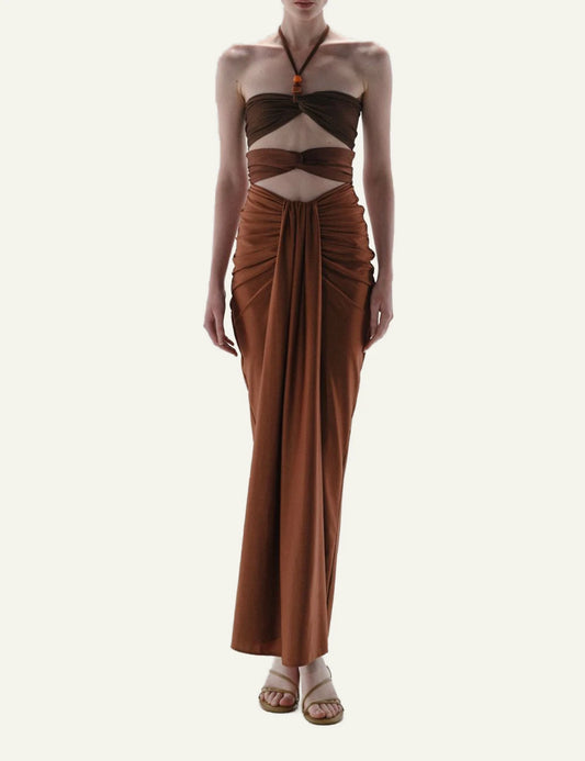 Baobab Dawn maxi dress Valle del Colca shiny cut out halter style