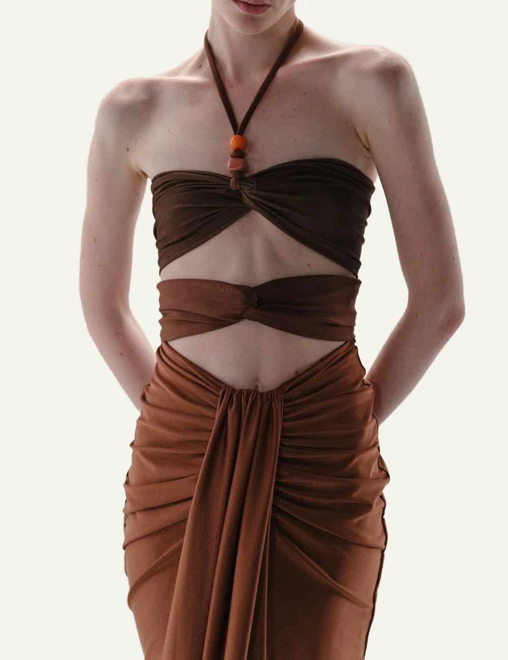 Baobab Dawn maxi dress Valle del Colca shiny cut out halter style close up detail