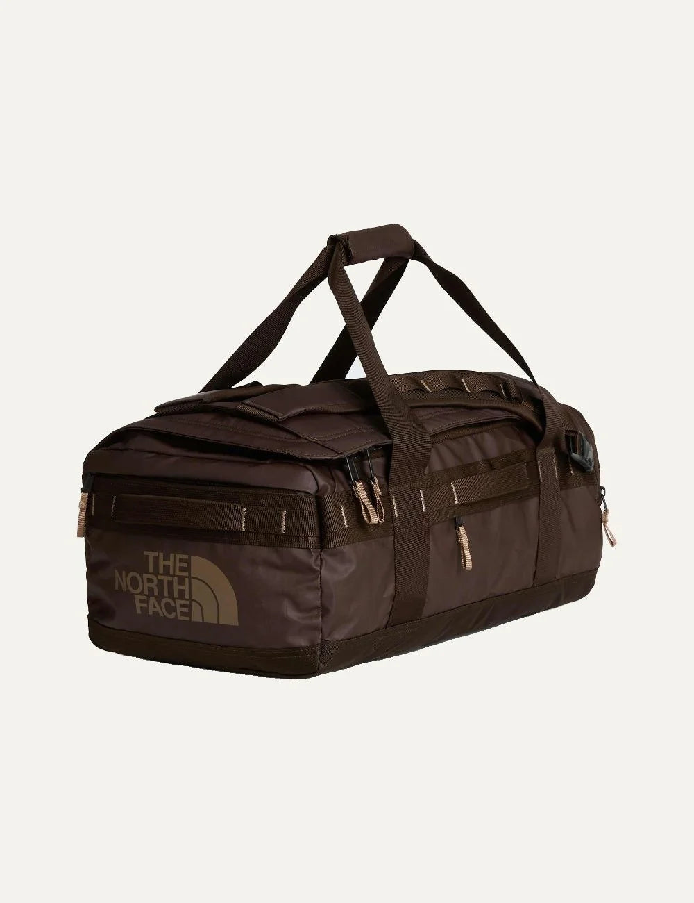 The North Face Base Camp Voyager 42L Dark Chestnut Garnet travel duffel bag with backpack straps and 15-inch laptop sleeve side