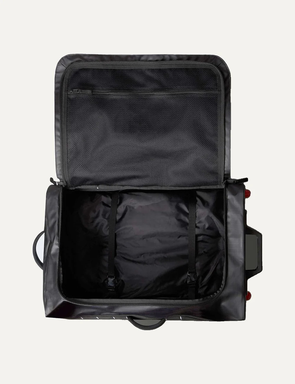 The North Face Base Camp Voyager Roller 29 black rolling travel suitcase with white logo, red telescopic handle and two wheels top