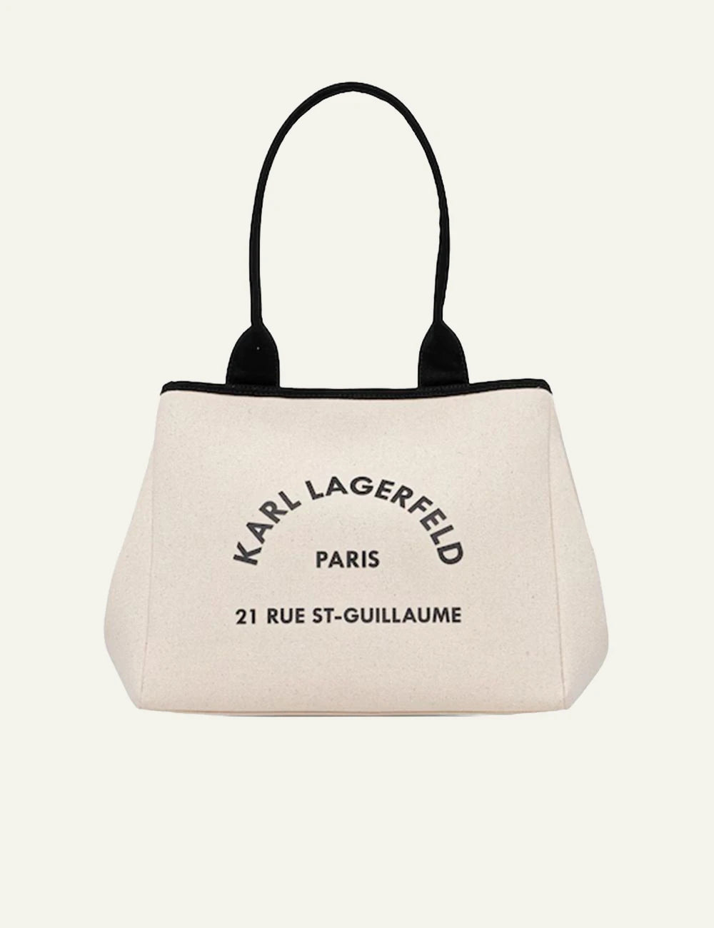 Μπροστινή όψη γυναικείας Karl Lagerfeld canvas τσάντας ώμου σε off-white χρώμα