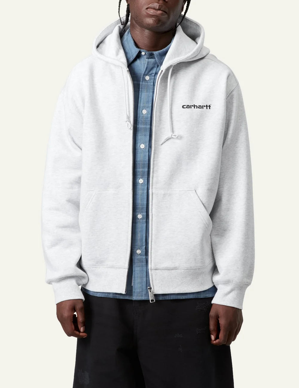 Model wearing Carhartt WIP Archive Lines Hoodie grey heather, zip-up cotton sweatshirt with logo chest print.