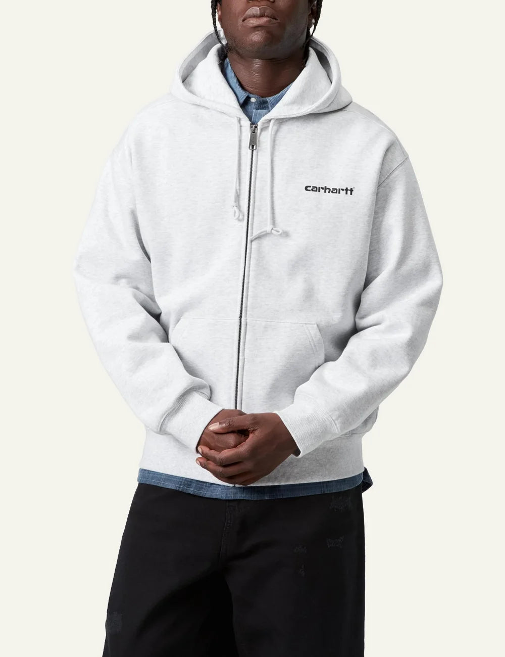 Carhartt WIP Archive Lines Hoodie grey heather, front view worn by model, casual streetwear zip-up hoodie.