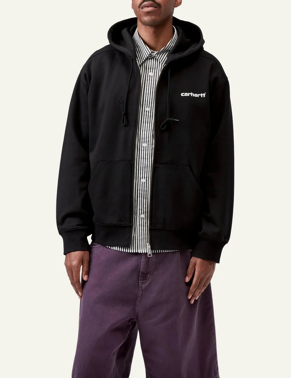 Carhartt WIP Hooded Archive Lines Jacket σε black απόχρωση, front view με zip-up hoodie style και Carhartt logo chest print.