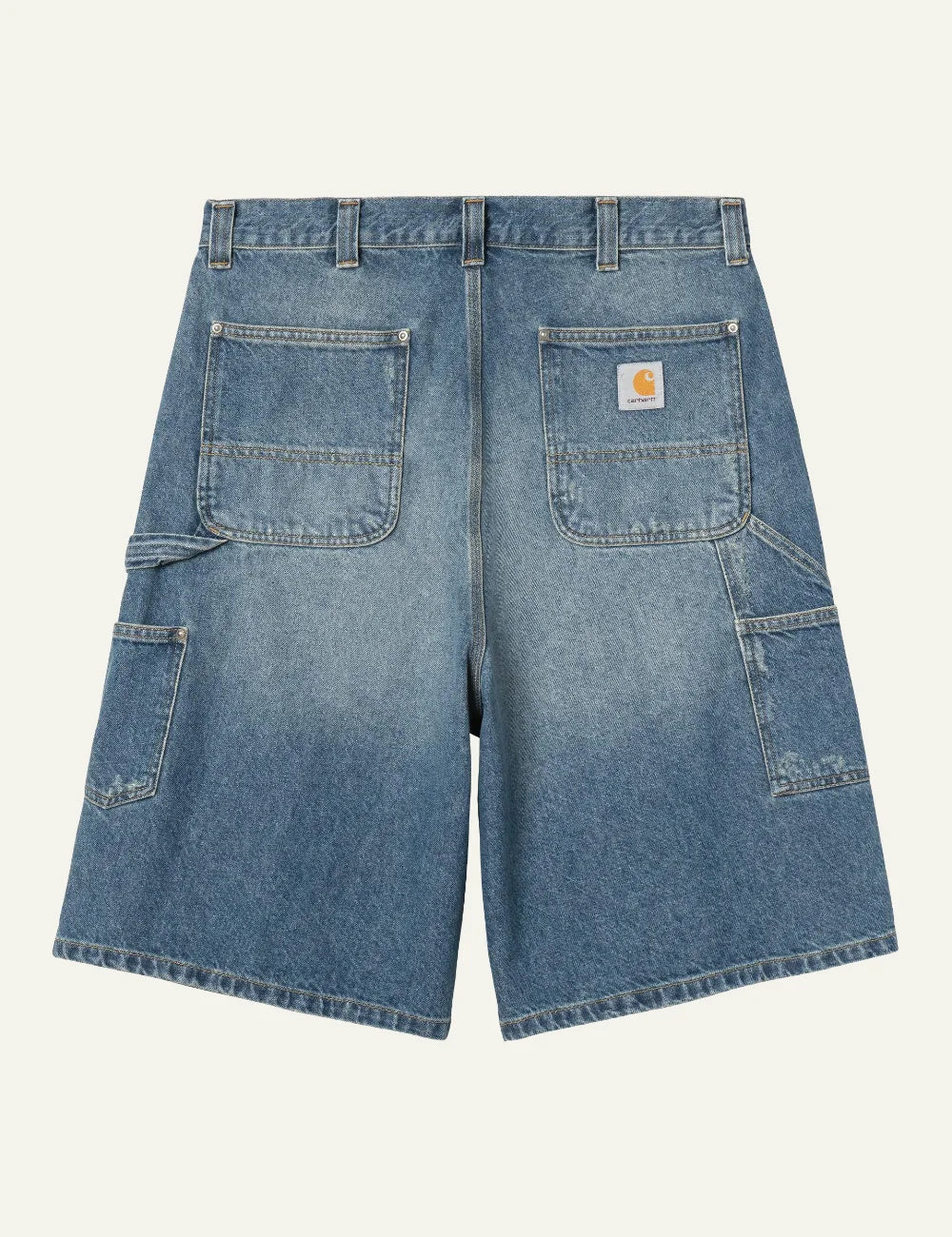 Carhartt WIP OG Aden Double Knee Denim Short back view, mid blue wash με utility pockets και Carhartt square label.