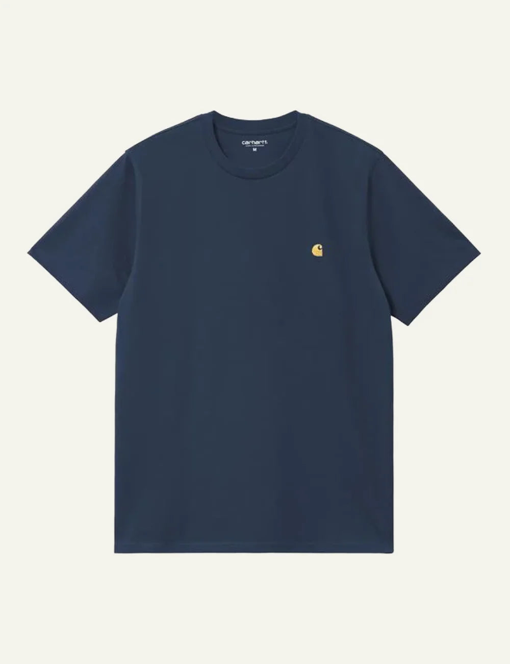 Carhartt WIP S/S Chase T-Shirt jupiter blue with gold embroidered logo, minimal cotton staple tee.