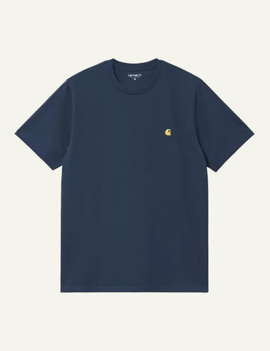 Carhartt WIP S/S Chase T-Shirt jupiter blue with gold embroidered logo, minimal cotton staple tee.