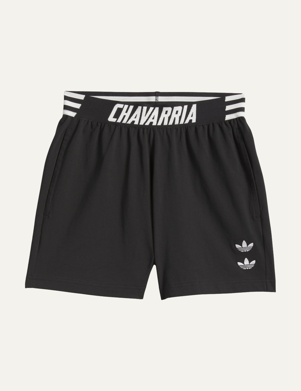 “Adidas x Willy Chavarria black House shorts flat lay με elastic stripe waistband
