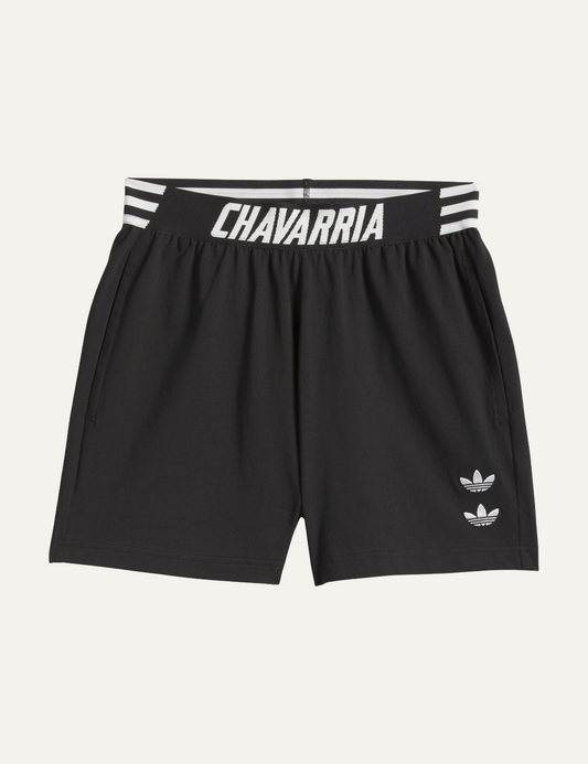 “Adidas x Willy Chavarria black House shorts flat lay με elastic stripe waistband