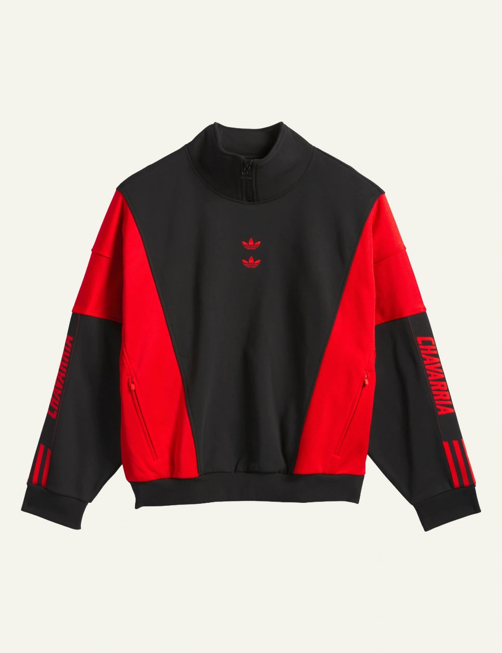 Adidas x Willy Chavarria Watsonville mockneck jumper in black/red με bold sleeves και embroidered Trefoil, laydown