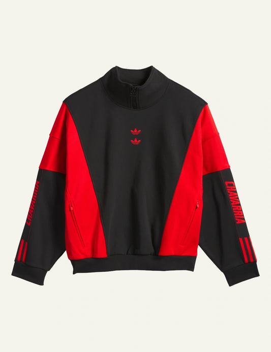 Adidas x Willy Chavarria Watsonville mockneck jumper in black/red με bold sleeves και embroidered Trefoil, laydown