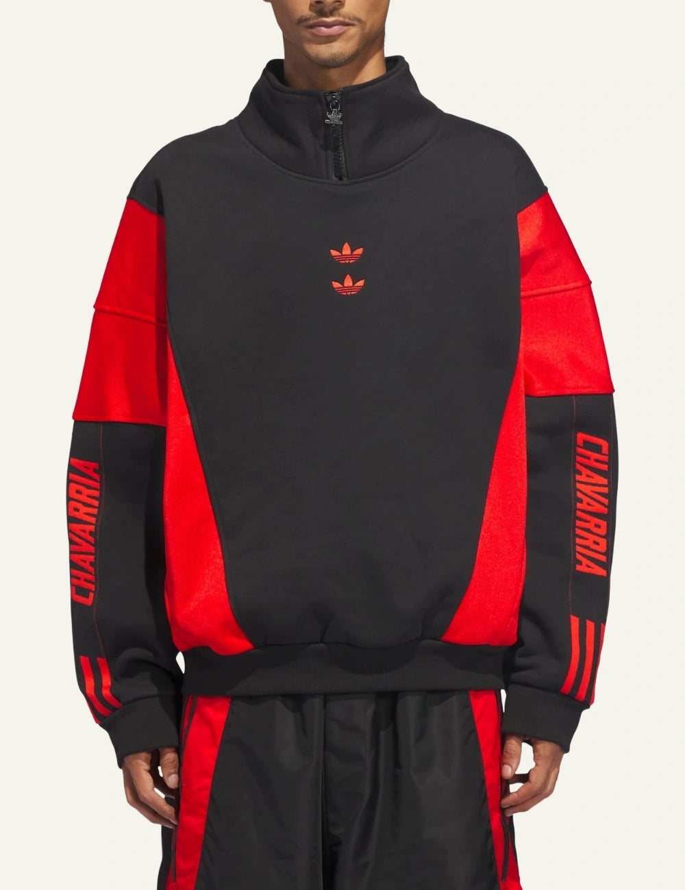 Adidas x Willy Chavarria Watsonville mockneck jumper in black/red με bold sleeves και embroidered Trefoil