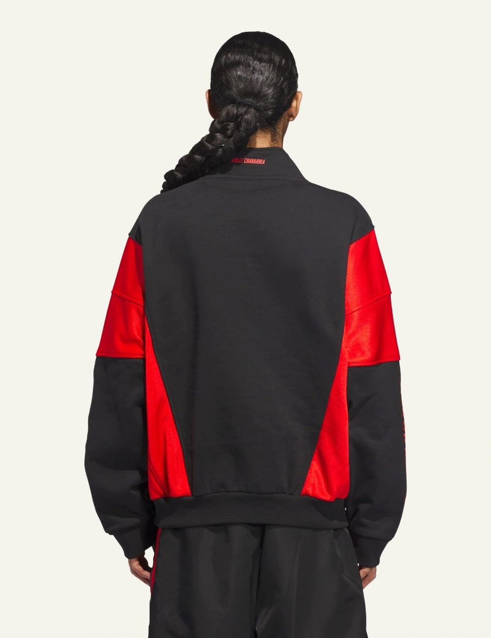Back view of black/red Adidas x Willy Chavarria Watsonville mockneck with contrast panels.