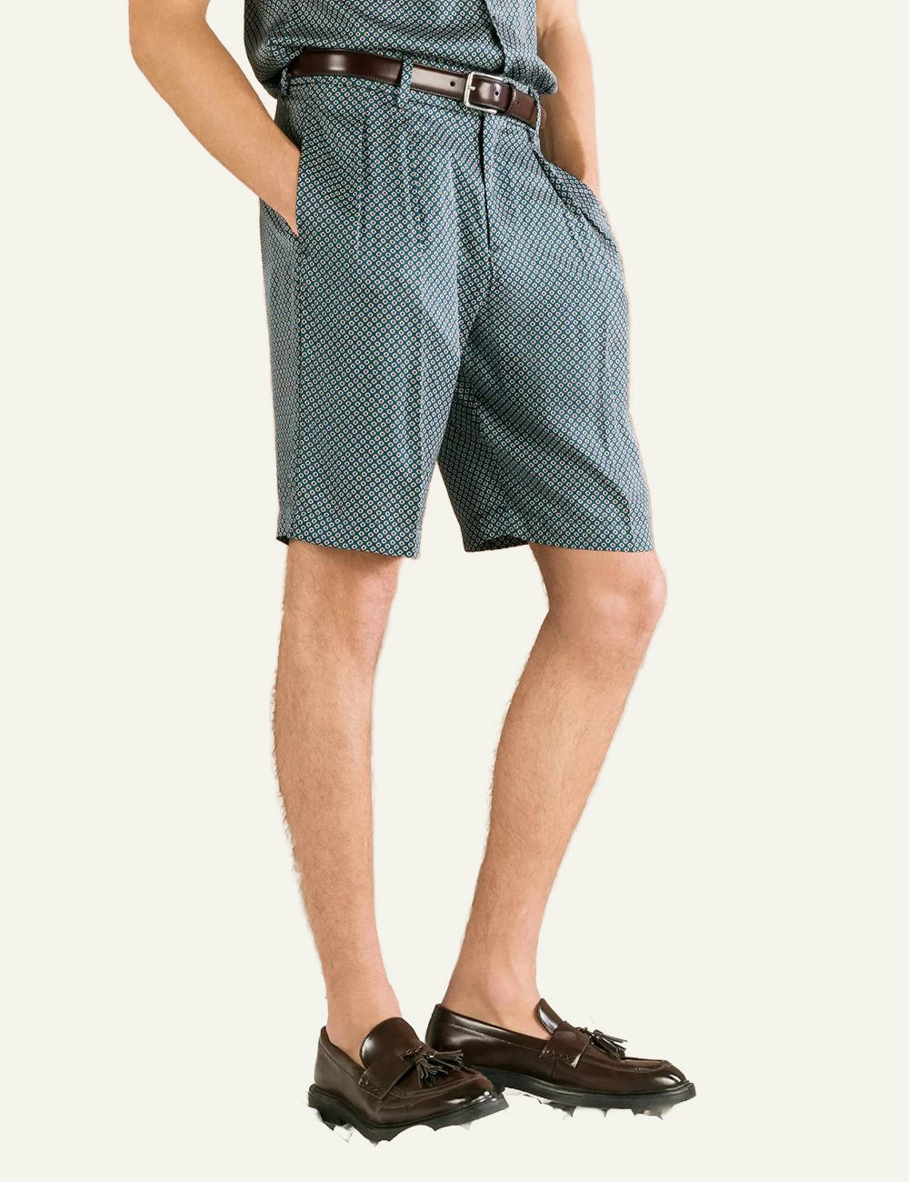 Cruna Clichy petrol patterned bermuda shorts side view
