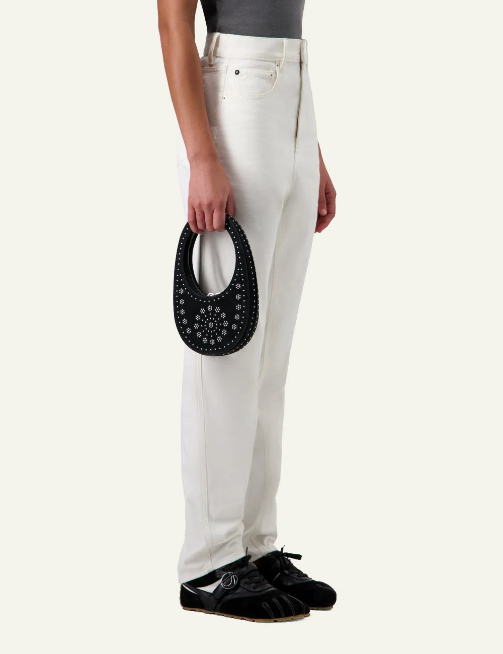 Coperni Mini Swipe Bag Black Suede Strass On Model