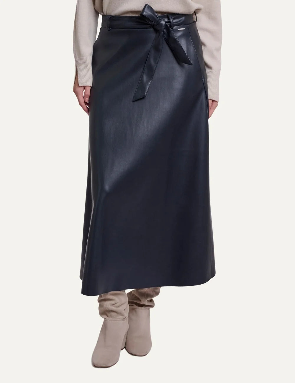 Rino &amp; Pelle women's dark navy faux leather A-line maxi skirt with belt front view