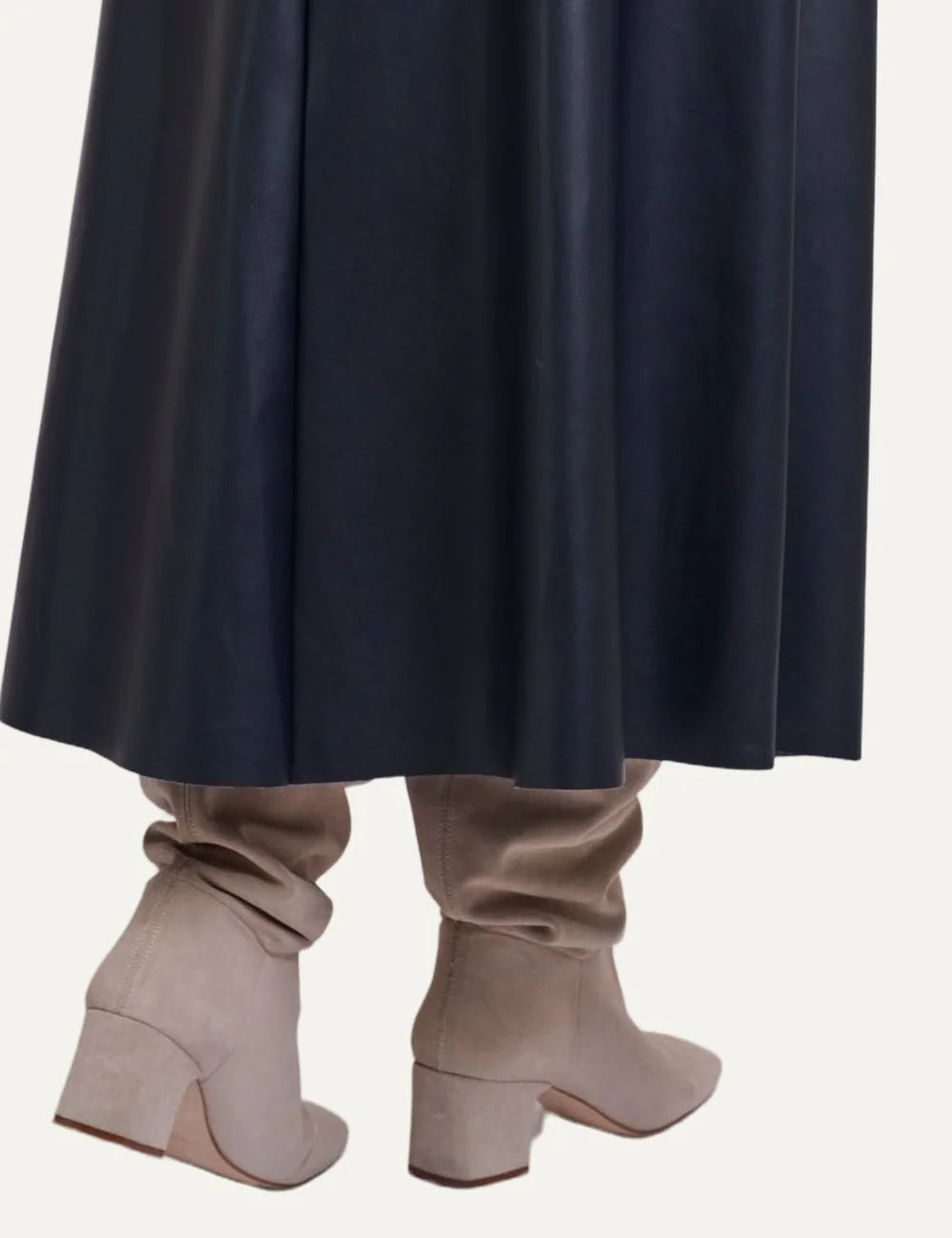 Rino &amp; Pelle women's dark navy faux leather A-line maxi skirt with belt close up details