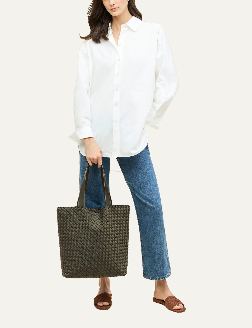 Olive woven neoprene tote bag worn on model, everyday oversized shopper Como Shopper Tote 