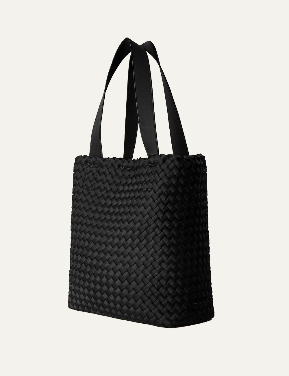 Black woven neoprene tote bag side view με structured silhouette, Como Shopper Tote Solid Onyx