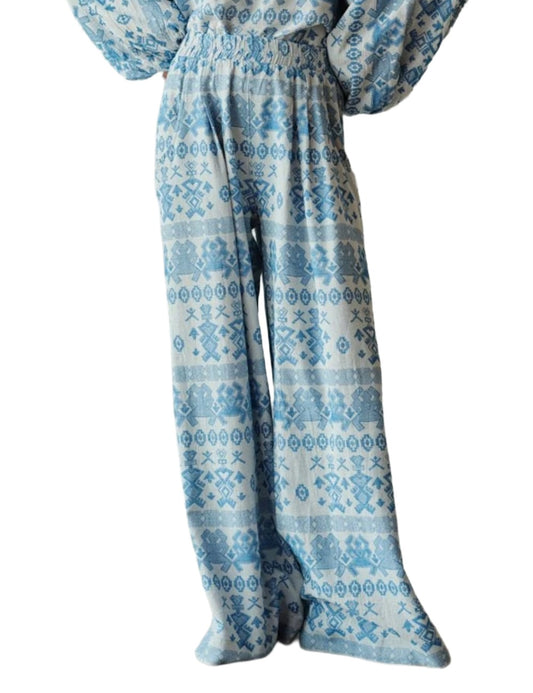 Devotion Lumen pants blue print wide leg detail close up