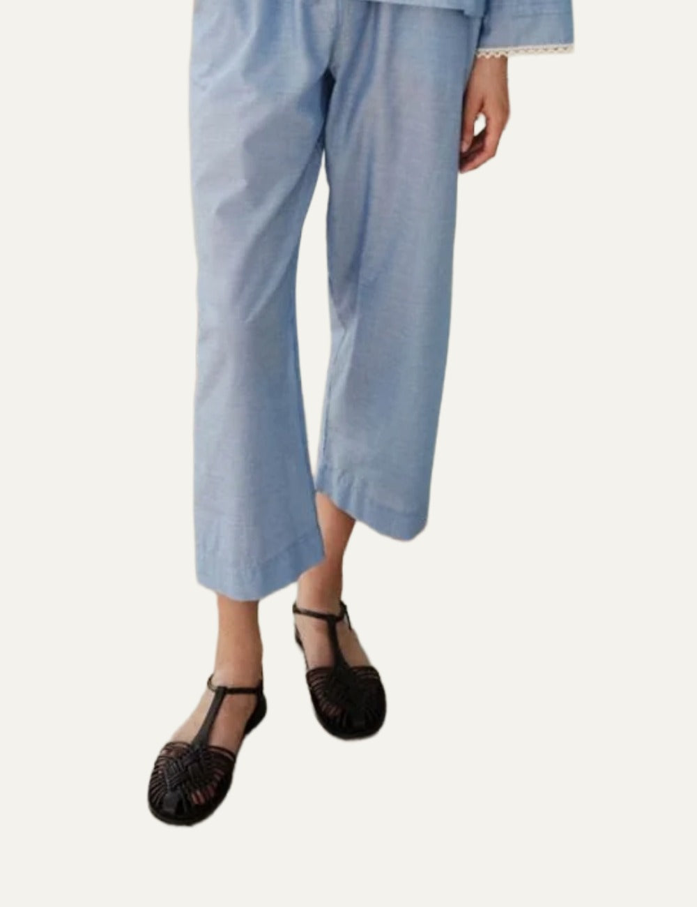 Devotion Tranquil pants l.blue cropped leg detail with sandals