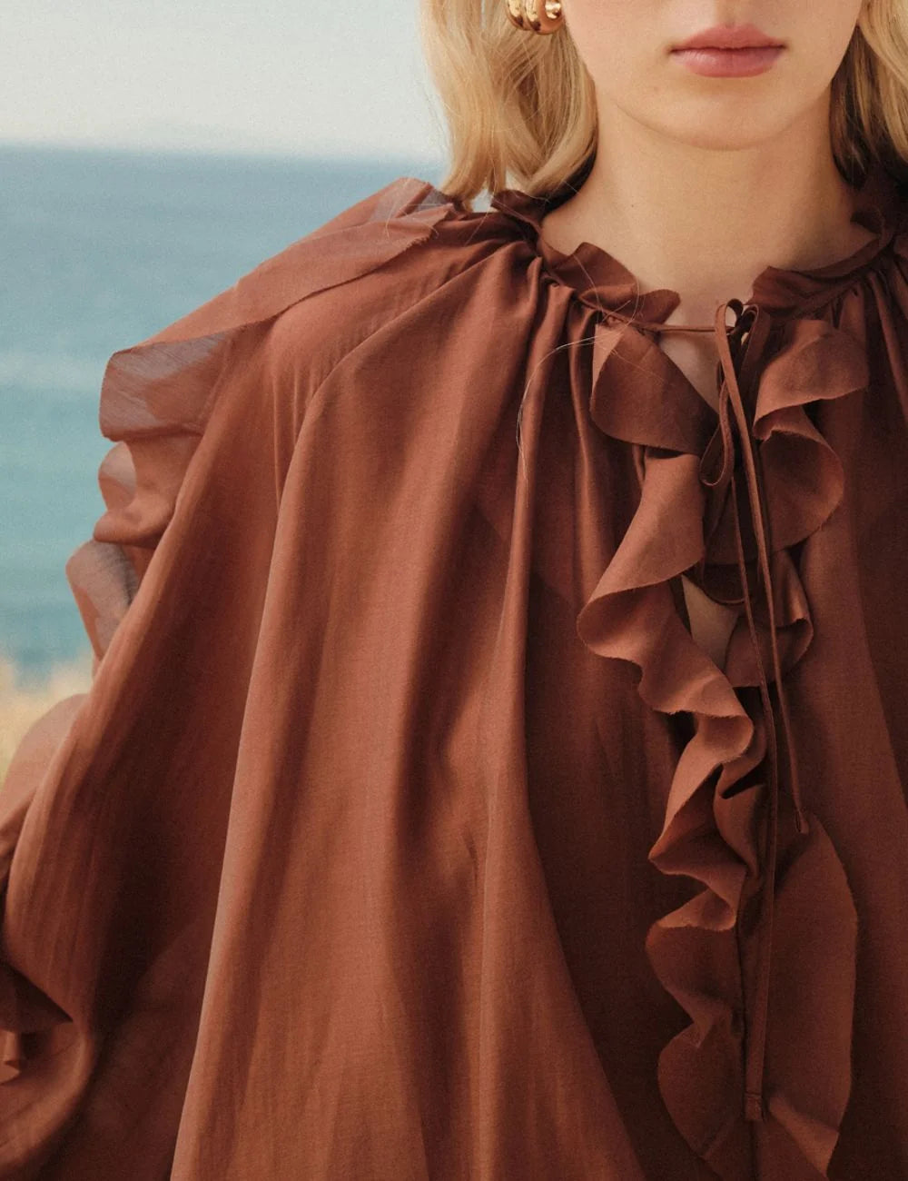 Devotion Cashmere Dress mini brown front ruffle detail