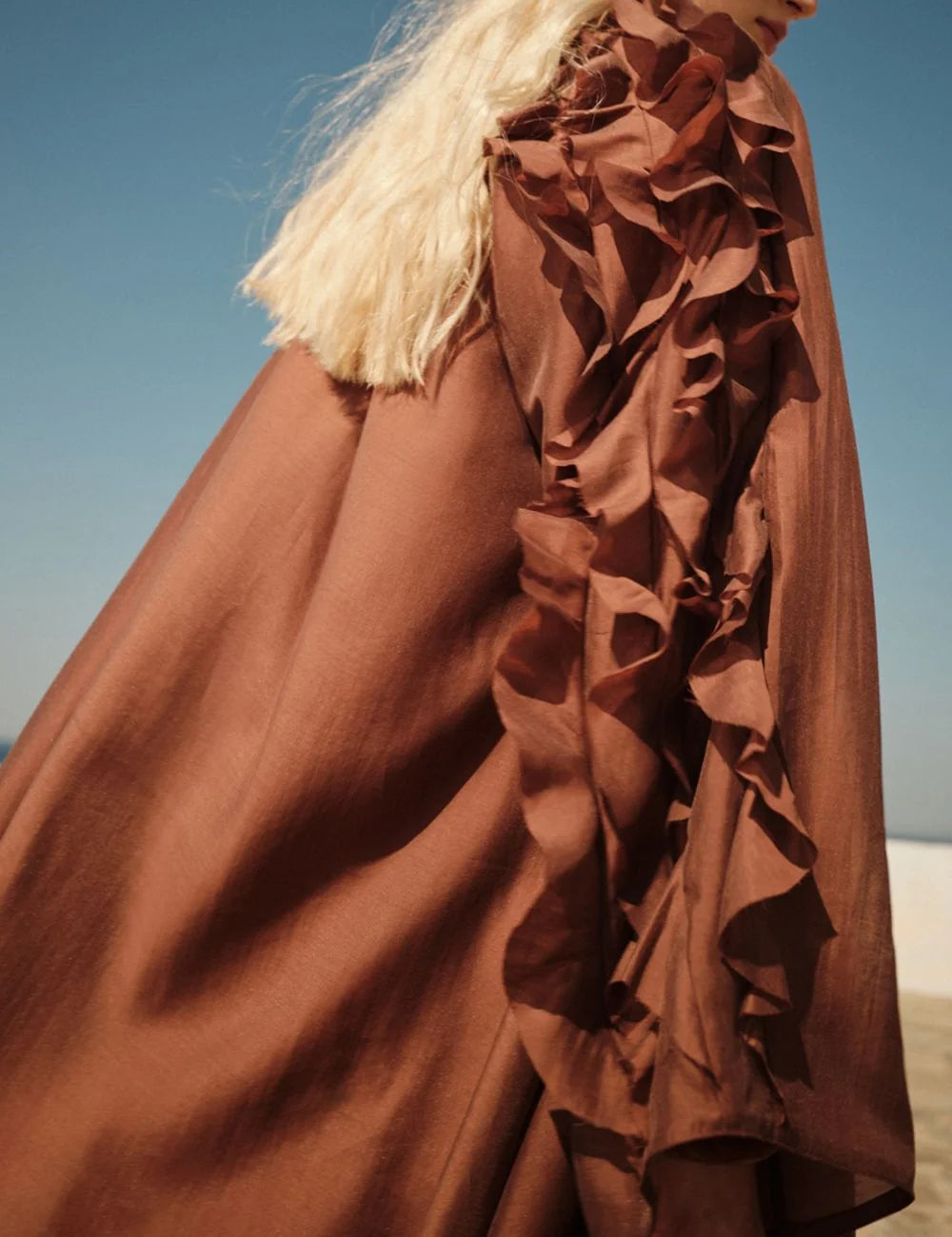 Devotion Cashmere Dress mini brown side ruffle detail