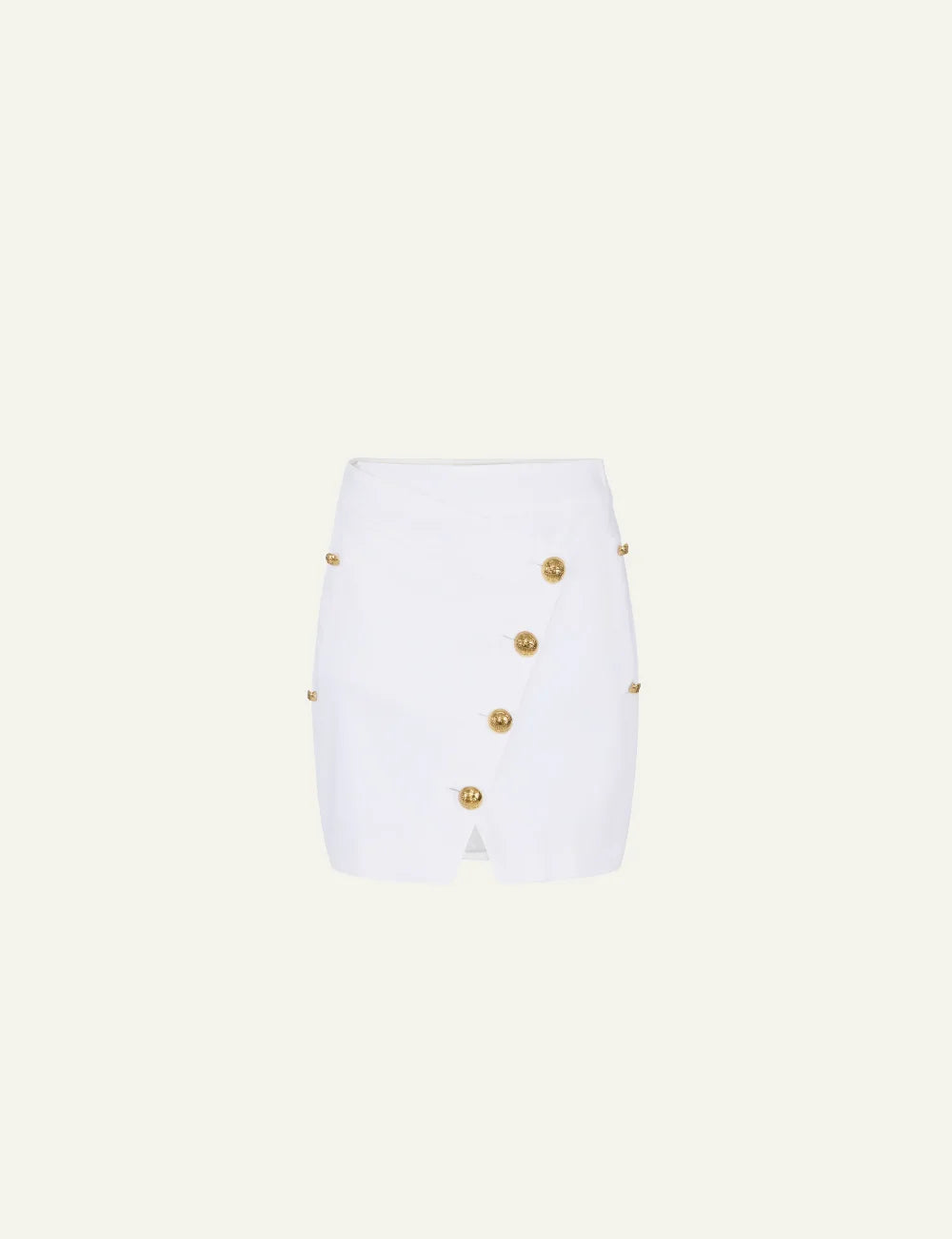 Elisabetta Franchi white gabardine mini skirt με asymmetric front panel και signature gold buttons.