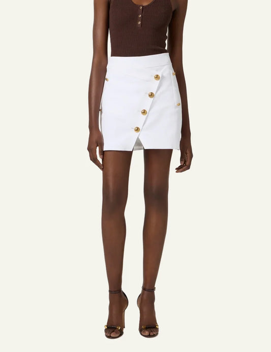 Elisabetta Franchi asymmetric white mini skirt με structured design και polished gold button embellishments