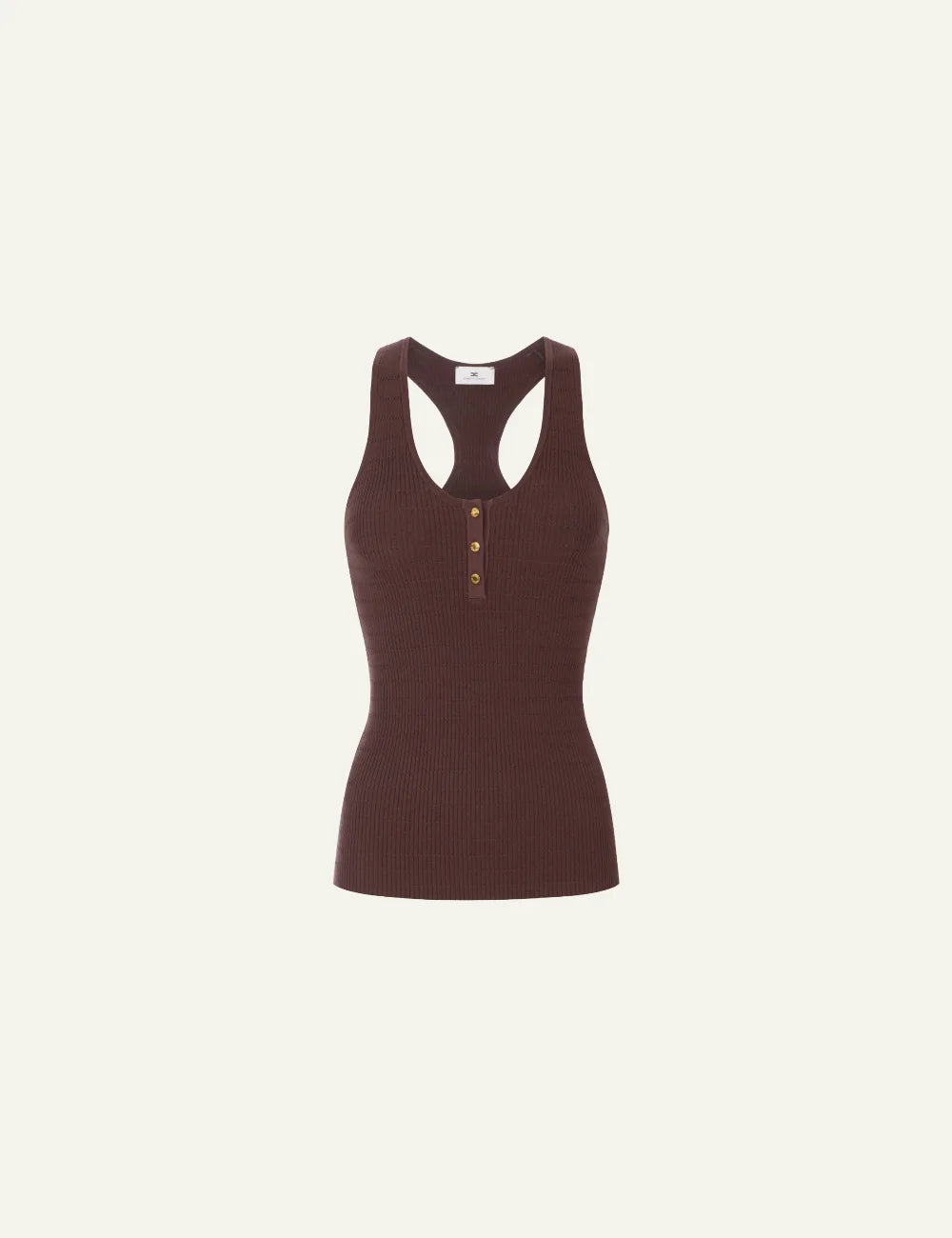 Elisabetta Franchi micro-braided knit top σε cacao brown, sleeveless henley design με gold buttons.